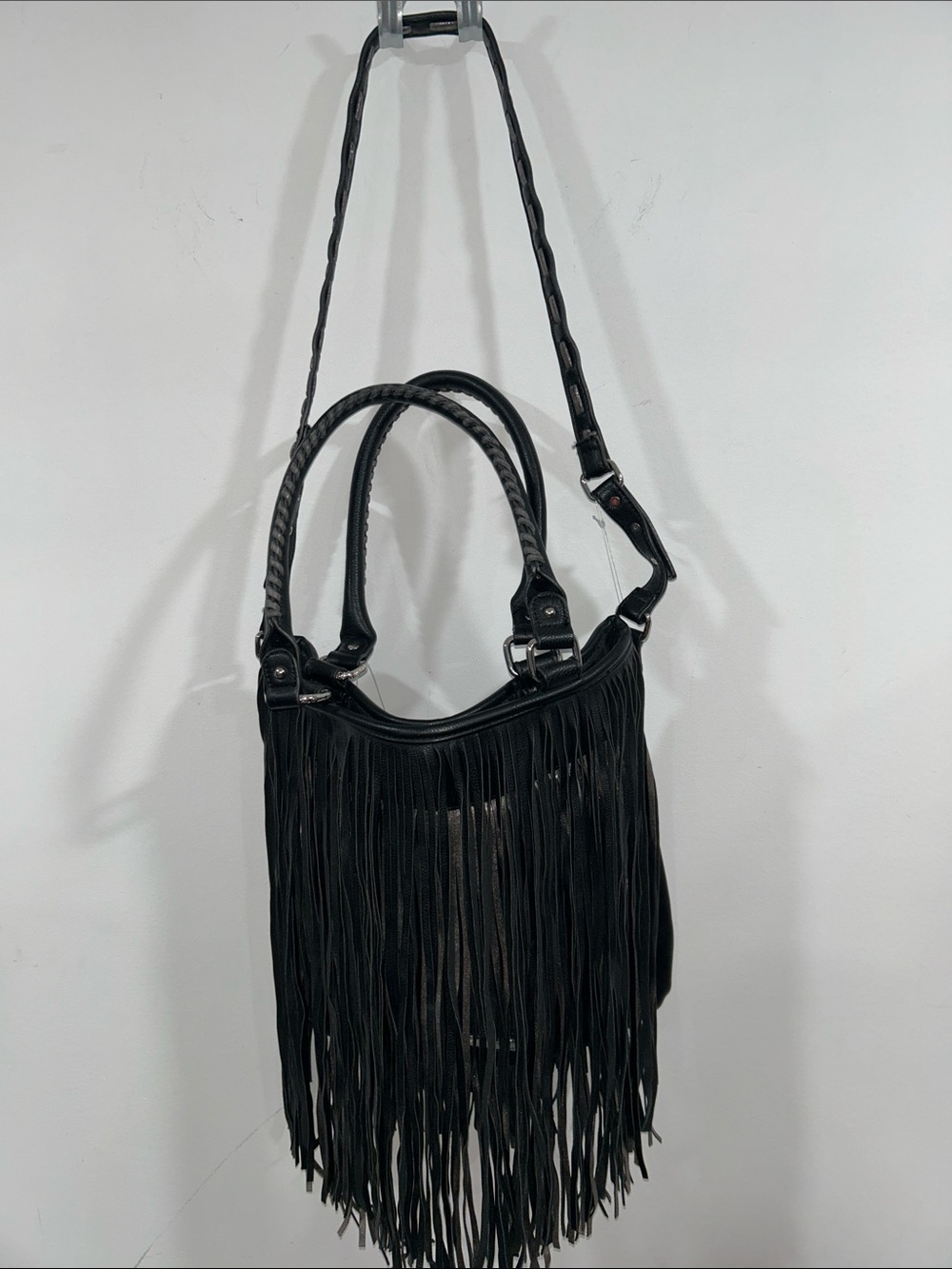 Steve Madden Black Fringe Faux- Leather Tote Bag - Classic Chic